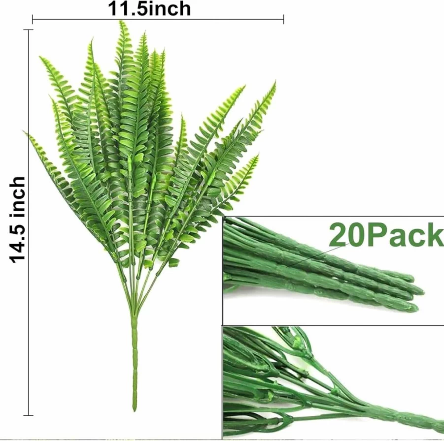 TURNMEON 20-Pack UV Resistant Artificial Boston Fern Plants for Indoor & Outdoor Decor - Faux Greenery Shrubs for Garden, Patio, Yard, and Spring Home