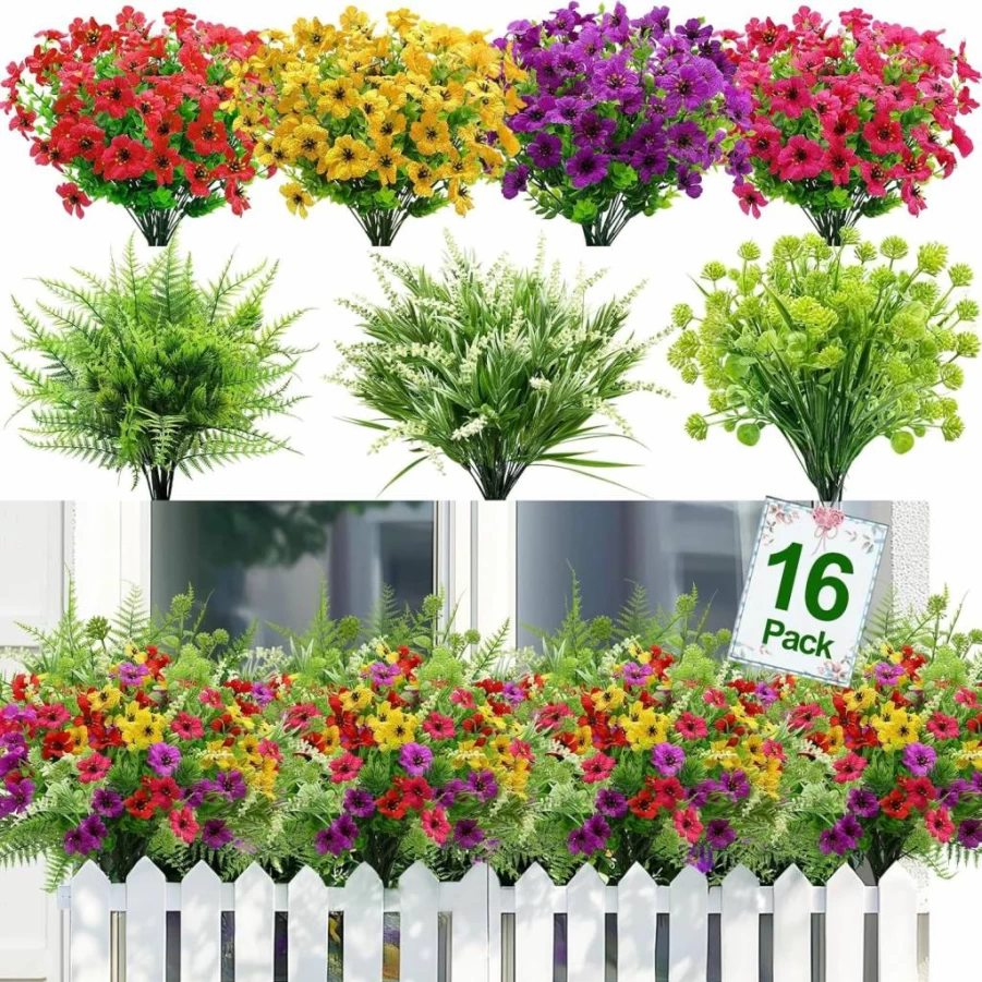 TURNMEON 16-Piece UV Resistant Artificial Flowers Set for Outdoor & Indoor Decor - Colorful Daisy, Boston Fern, Lavender Faux Plants for Garden, Home, Summer