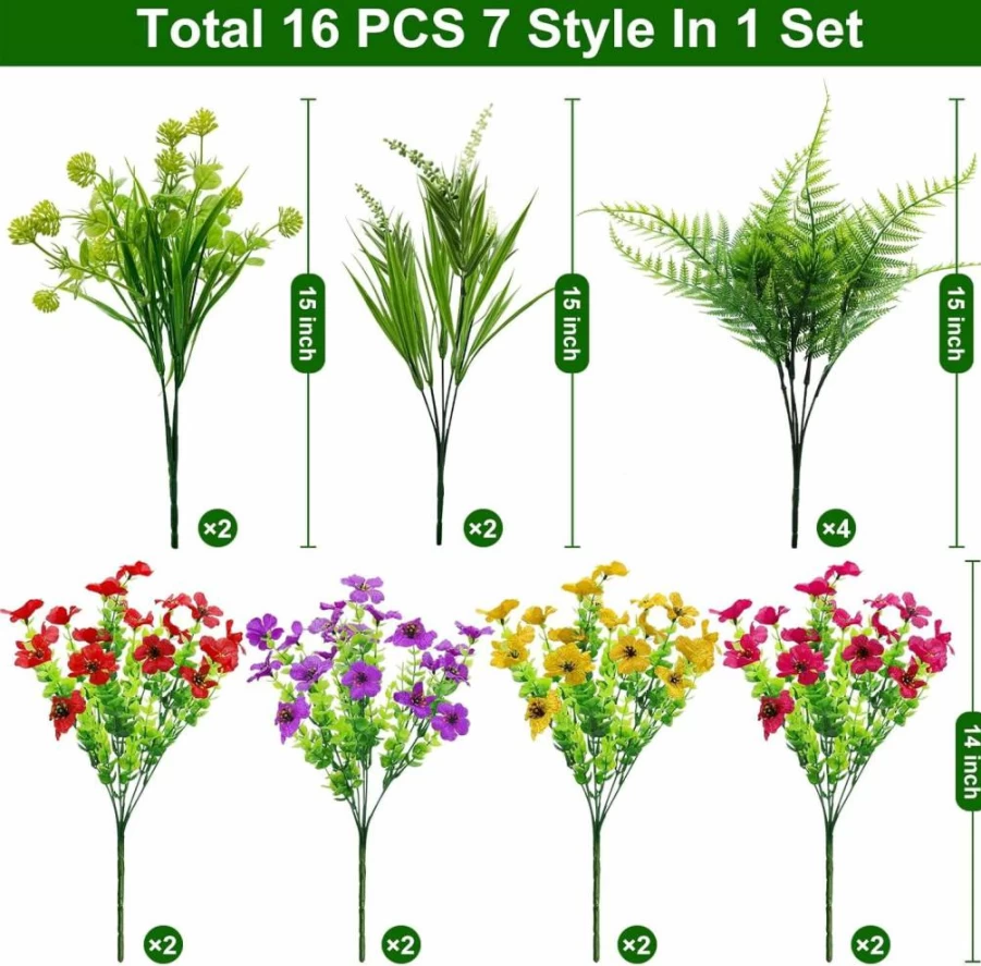 TURNMEON 16-Piece UV Resistant Artificial Flowers Set for Outdoor & Indoor Decor - Colorful Daisy, Boston Fern, Lavender Faux Plants for Garden, Home, Summer
