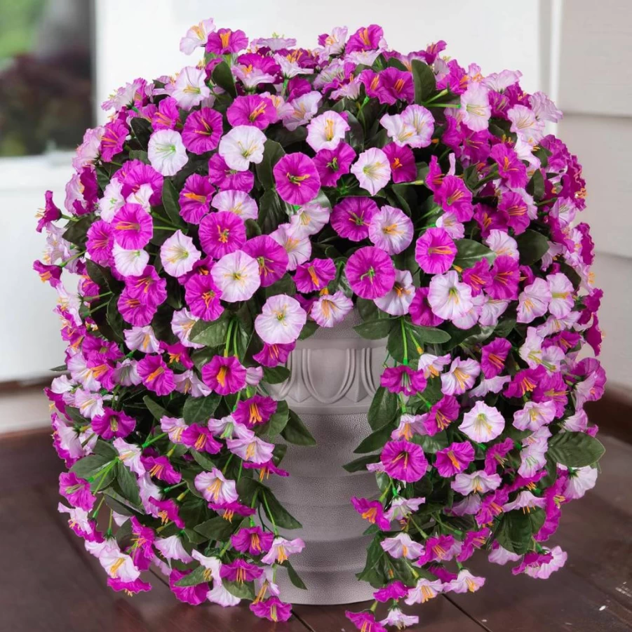 HyeFlora Artificial Purple Morning Glory Hanging Plants - 2Pcs UV Resistant Faux Silk Vines for Outdoor Porch, Patio, and Home Decoration