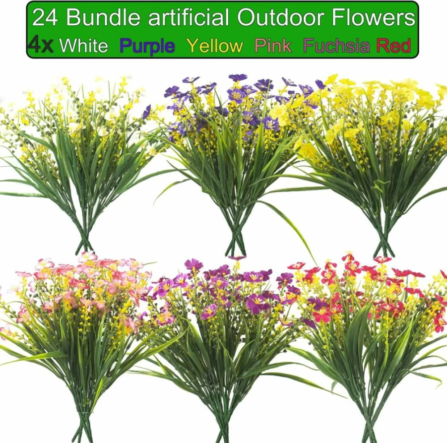 Grunyia 12 Bundles UV Resistant Artificial Flowers for Indoor/Outdoor Decor - Faux Plants for Garden, Porch, Window Pots (Multicolor)