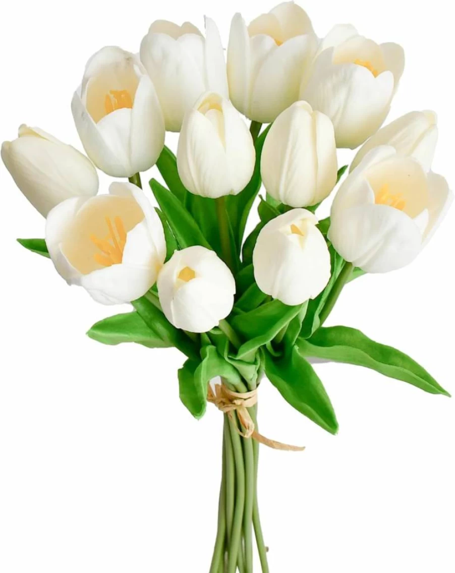 Mandy's Artificial Tulips - 20 Stems White PU Faux Flowers for Wedding, Home Decor - 13.5 Inch Realistic Fake Tulips - Elegant Floral Arrangements