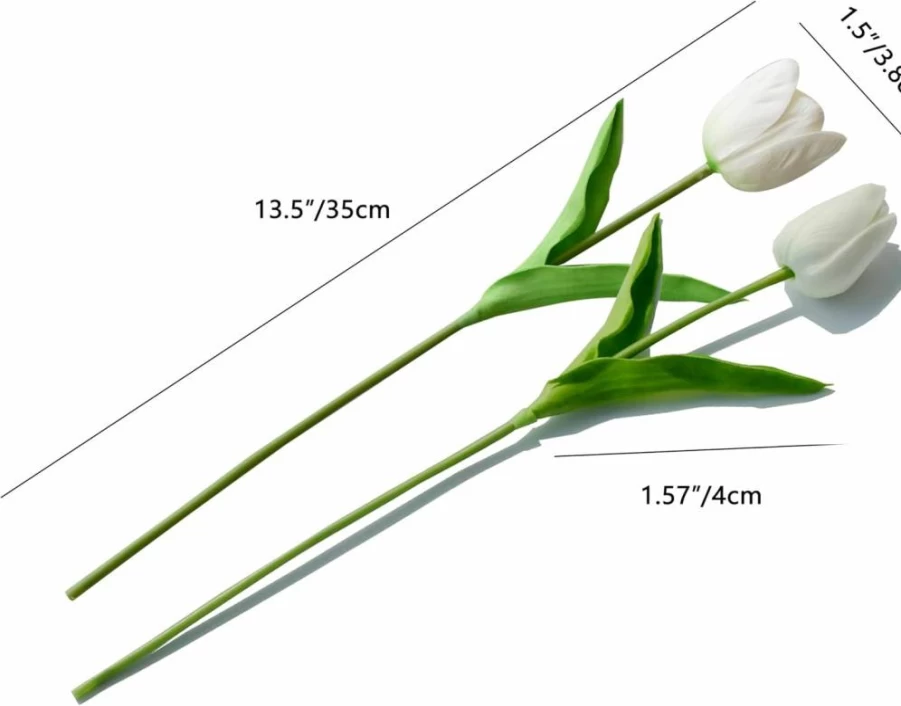 Mandy's Artificial Tulips - 20 Stems White PU Faux Flowers for Wedding, Home Decor - 13.5 Inch Realistic Fake Tulips - Elegant Floral Arrangements