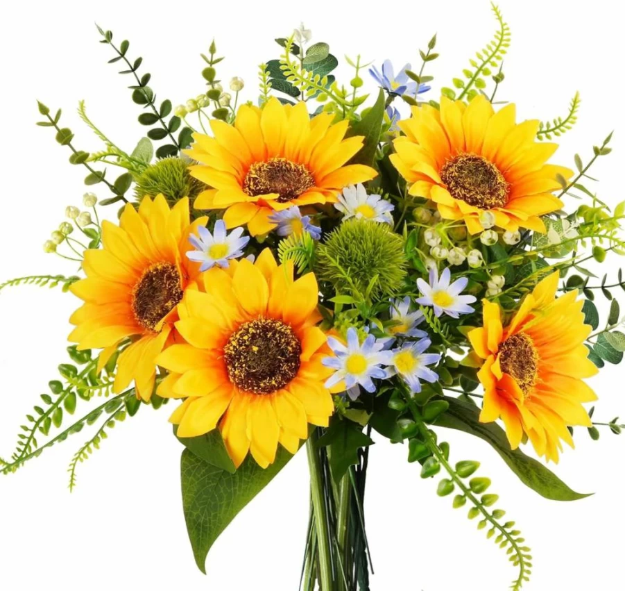 HUAESIN Artificial Sunflower Bouquet - Silk Fake Flowers for Home, Office, Wedding, Table Centerpieces, and Cemetery Decor