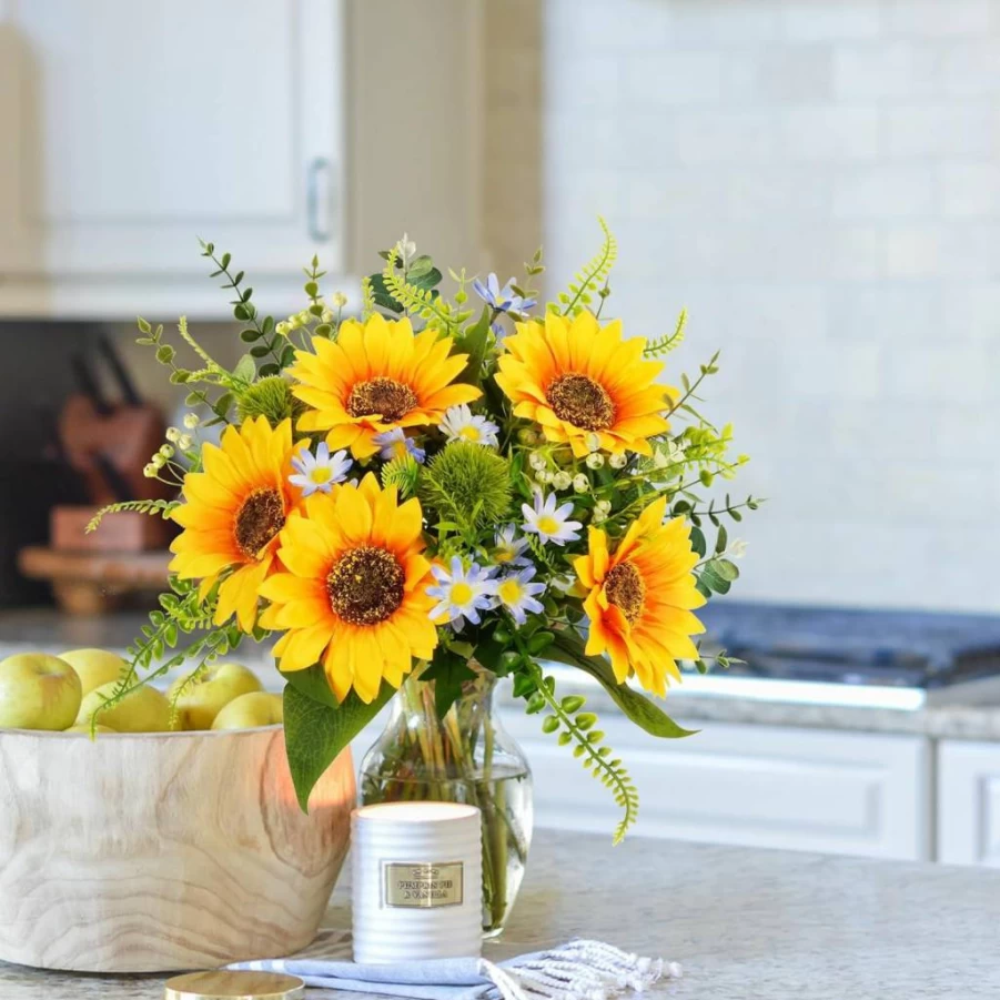 HUAESIN Artificial Sunflower Bouquet - Silk Fake Flowers for Home, Office, Wedding, Table Centerpieces, and Cemetery Decor